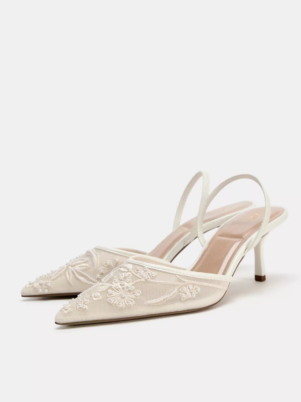 ZARA Elegant Ivory Mesh Slingback Pointed-Toe Heels with Embroidered Detail